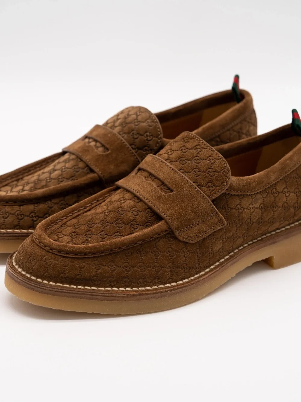 Gucci Men's Penny Loafers GG Moreau Moccasin Brown Suede size 7.5G 8 US